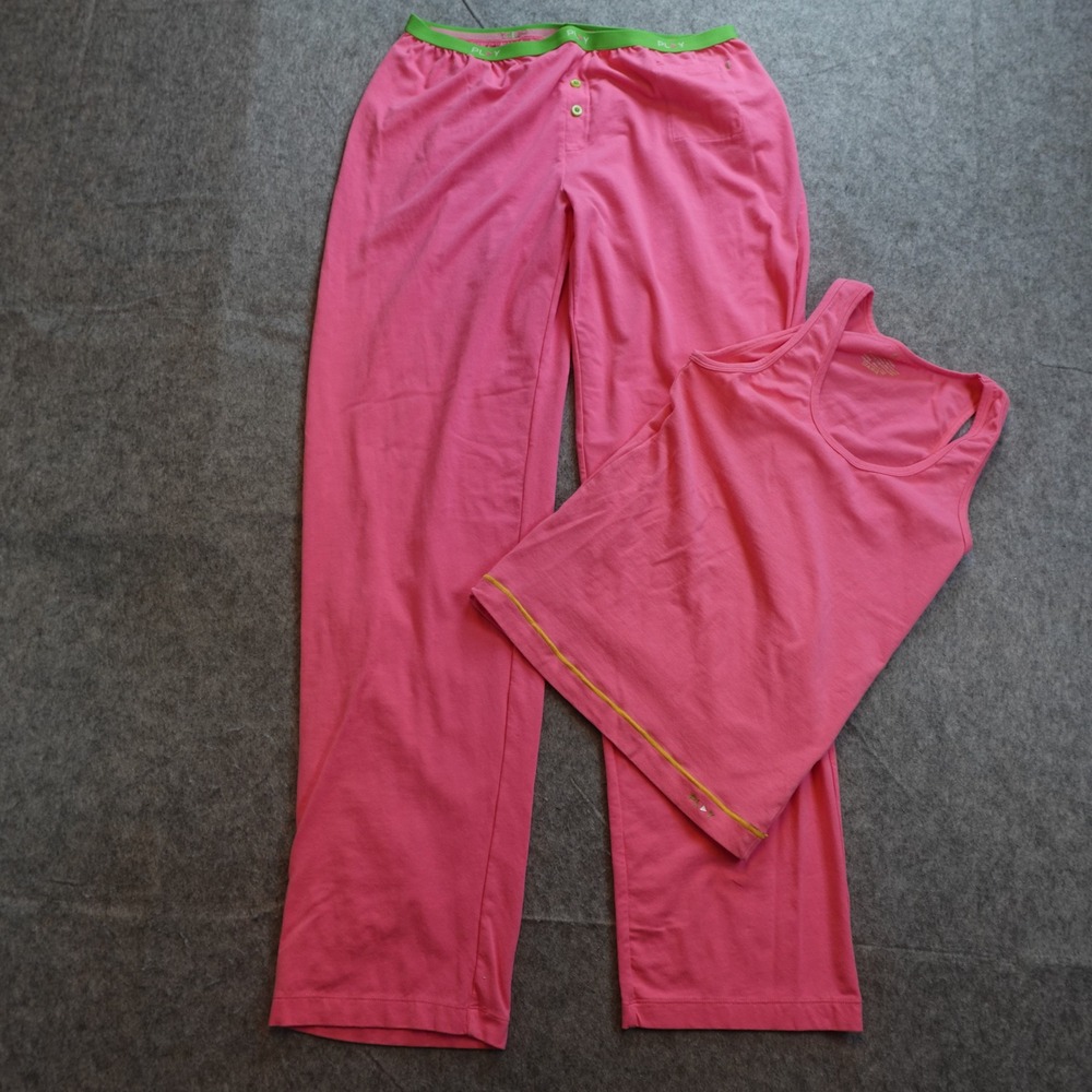 Play Reebok Pajamas Women Large Pink Tank Top Pants Set Green Trim Loungewear‎